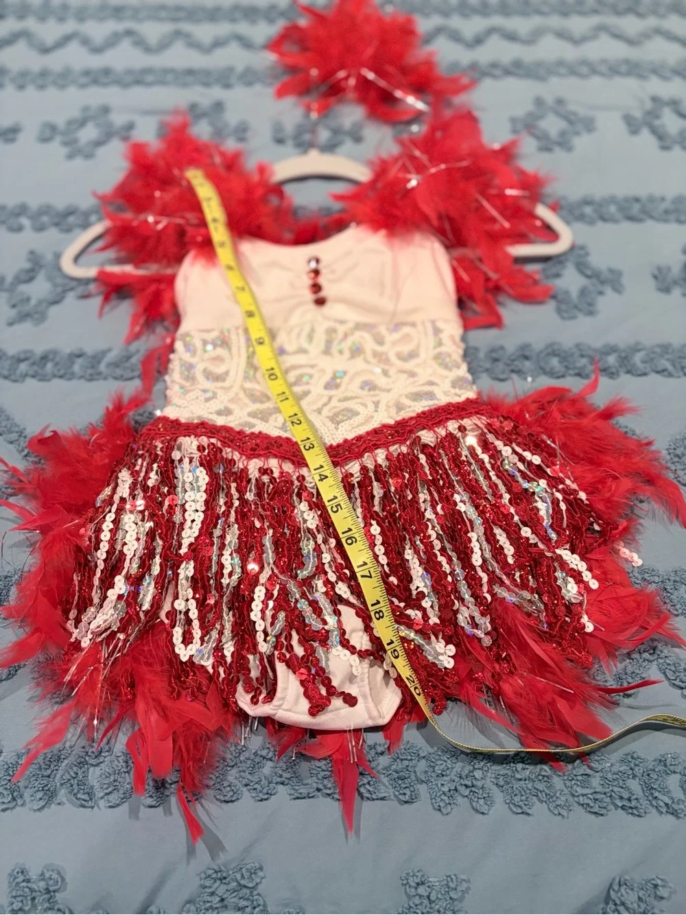 Red White Sequin Fringe Feather Dance Costume Child Small